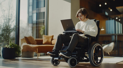 A young man in a wheelchair working on a laptop in a modern, sunlit interior space

