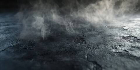 Fototapeta premium A dimly lit area is filled with swirling fog and shadows, creating an eerie and mysterious atmosphere. The light illuminates the fog, enhancing the ambiance.