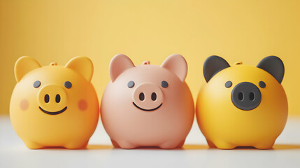 Cute Piggy Banks, Yellow, Pink, and Gold Savings Illustration on Yellow Background