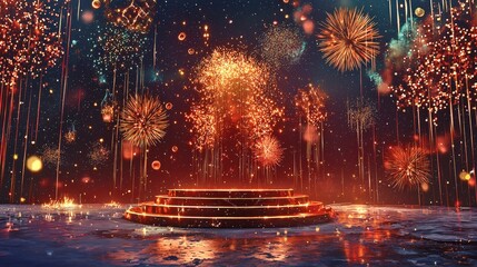 Mesmerizing 3D Podium Surrounded by a of Colorful Fireworks and Lights