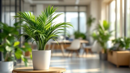 Obraz premium A minimalist office space with clean, white walls and simple furniture. Potted plants are scattered around, adding a touch of green to the scene