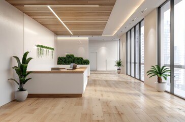 Fototapeta premium Modern office reception with greenery and light.