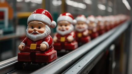 Naklejka premium santa claus dolls on conveyor in factory