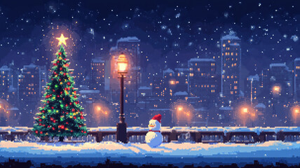 2d pixel art of city with christmas atmosphere 