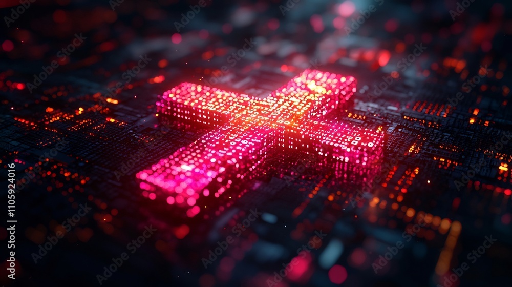 Poster glowing digital cross symbolizing merging of spirituality and technology in virtual space