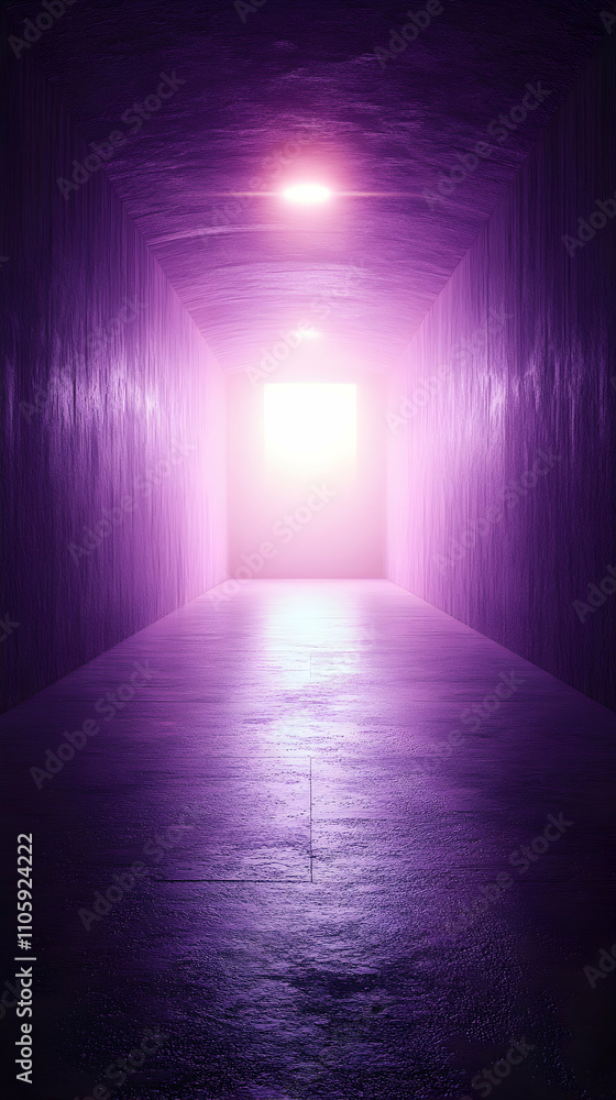 Poster purple corridor, illuminated path to a bright future, abstract background design with glowing lights
