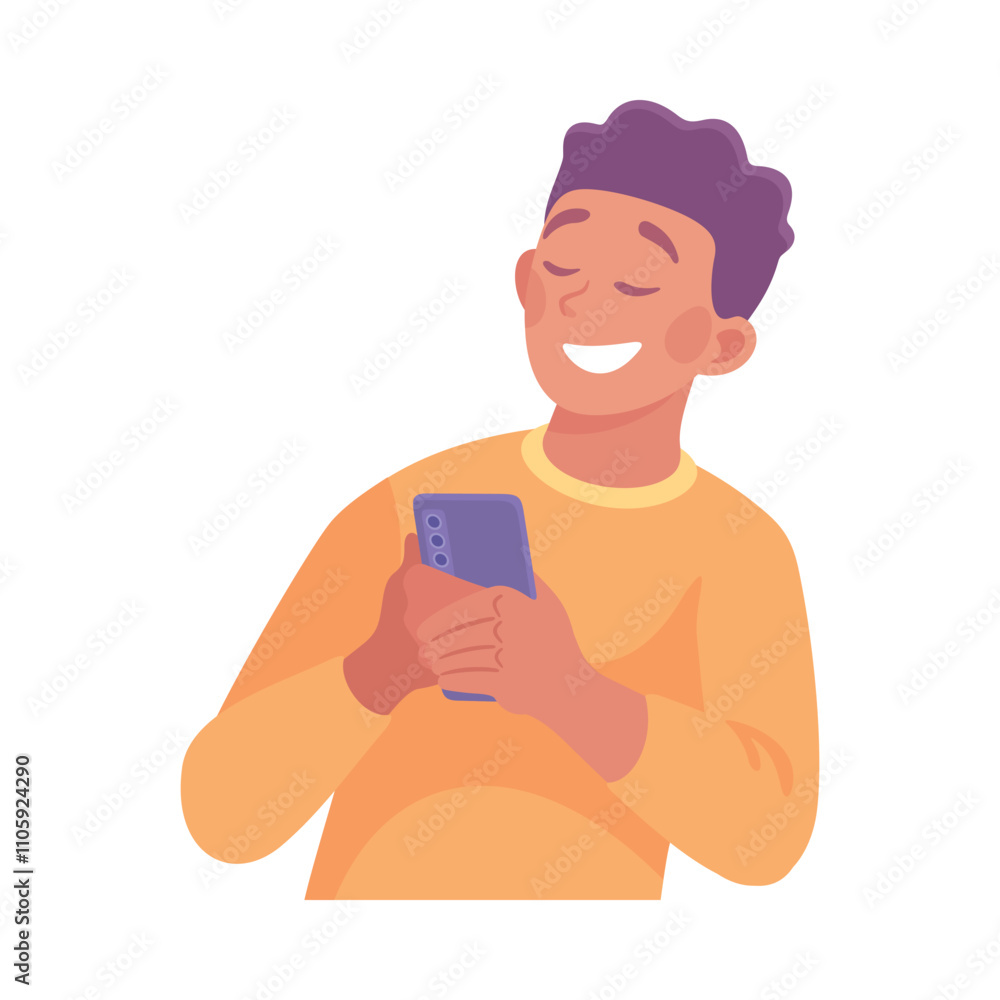 Poster business process with man with smartphone busy with analytics vector illustration