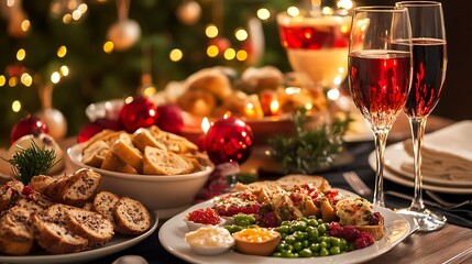 A cozy dining table setup with a variety of appetizers, main dishes, and drinks, ready for a family dinner 