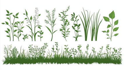 Obraz premium Lush Green Foliage Silhouette with Cartoon Style Plants and Shrubs