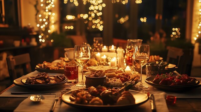 A cozy dining table setup with a variety of appetizers, main dishes, and drinks, ready for a family dinner 