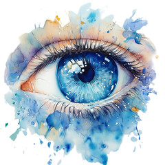 Watercolor painting of a blue eye, isolated on transparent background, png file