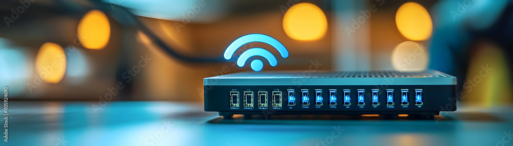 Poster network router with glowing wifi symbol, high-speed internet access device in a modern home setting.