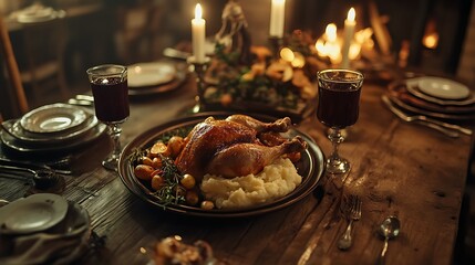 Fototapeta premium A rustic dining table with home-cooked comfort food, such as roasted chicken, mashed potatoes, and vegetables, creating a warm atmosphere 