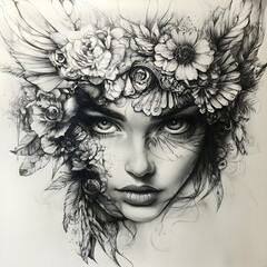 Intricate grayscale drawing of a woman adorned with a floral crown, feathers, and intricate details.  A captivating artistic representation of beauty and nature.