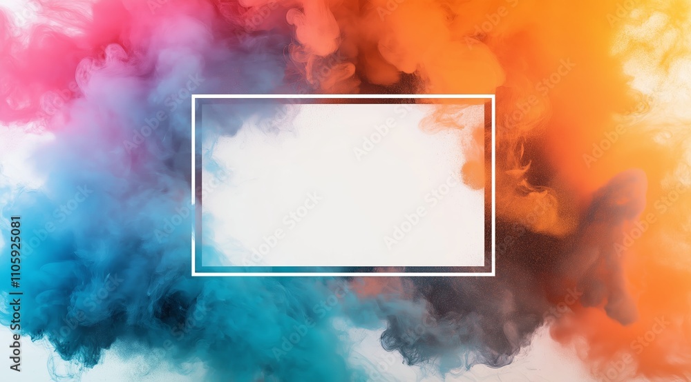 Poster a rectangular neon wide frame on a white background, surrounded by colorful smoke. background with p