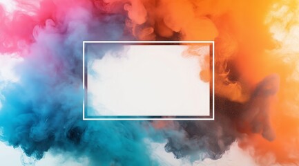 A rectangular neon wide frame on a white background, surrounded by colorful smoke. Background with place for text