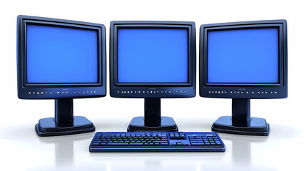Triple Monitor Computer Setup,  A sleek, modern workstation with three blue screens and a keyboard, ready for productivity.
