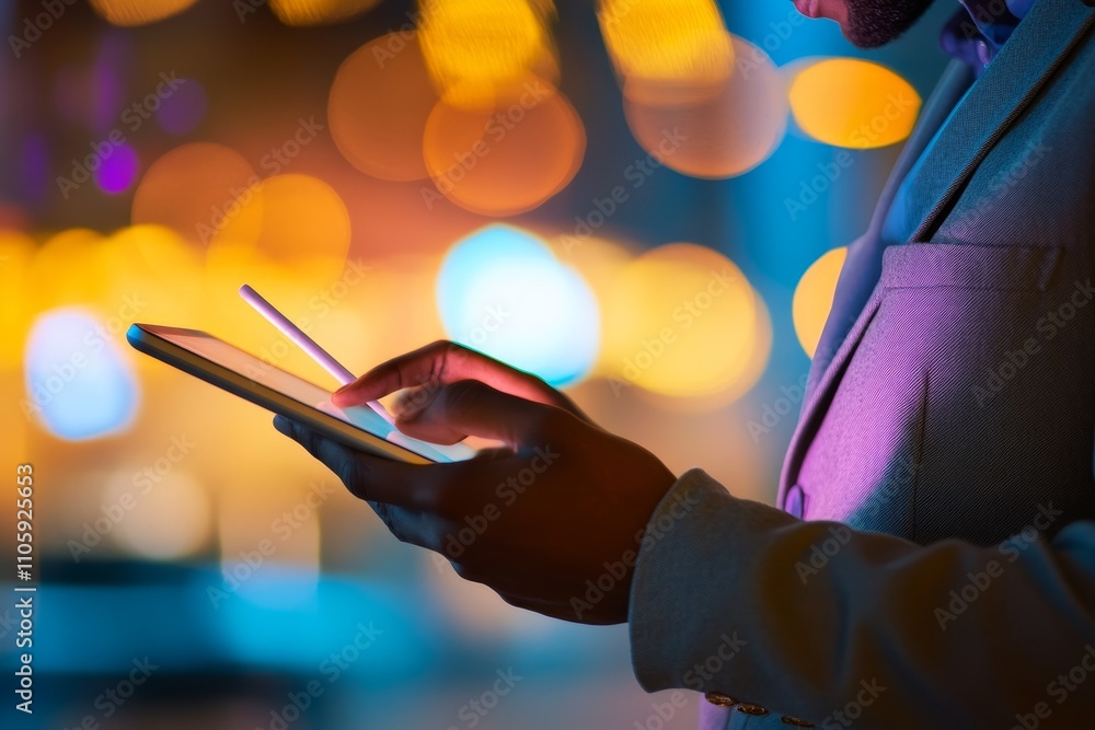 Poster person using a digital tablet with stylus in a vibrant bokeh background, showcasing modern technolog