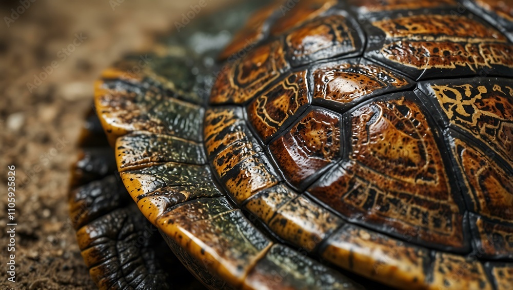 Poster detailed close-up of a turtle's shell, showcasing intricate patterns and textures.