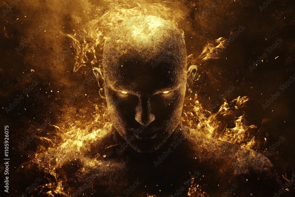 Aufkleber portrait of a mysterious figure shrouded in golden energy with intense expression and dynamic flames