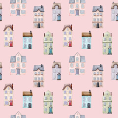 Seamless pattern with European houses on pink background. City retro buildings with tile roof. Hand drawn illustration. Old town. Watercolor. Design for wallpaper, postcards, wrapping, stationery.