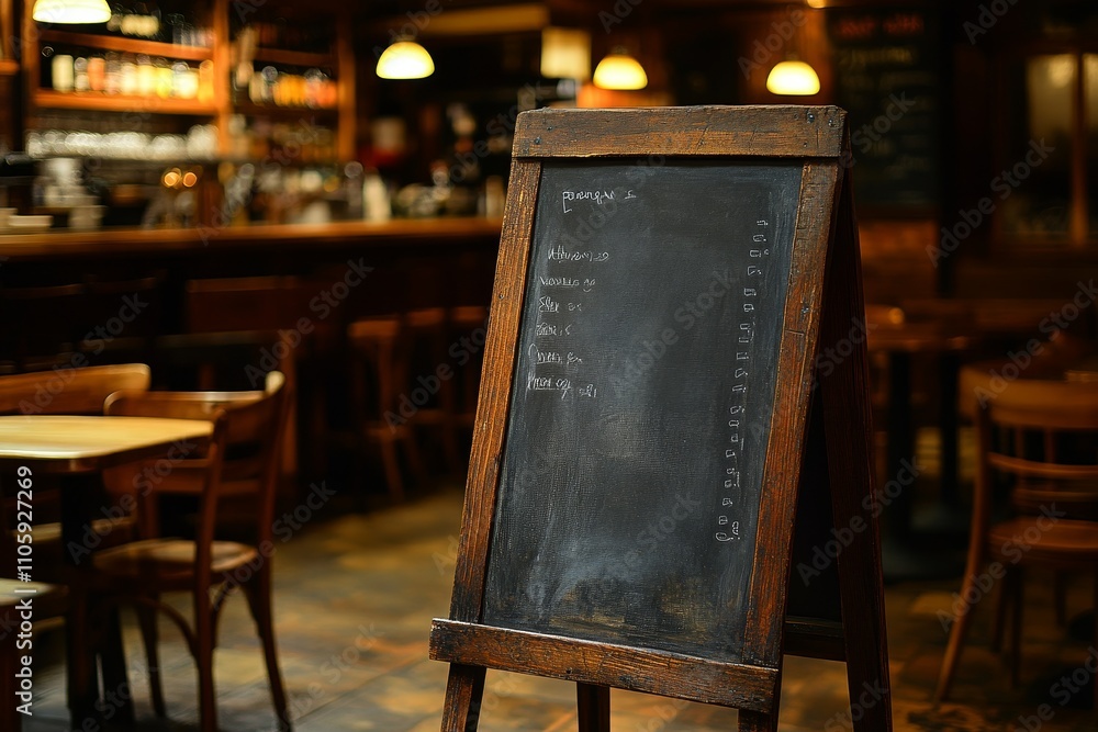 Aufkleber rustic chalkboard menu display in an inviting cafe setting with warm lighting and natural wood eleme