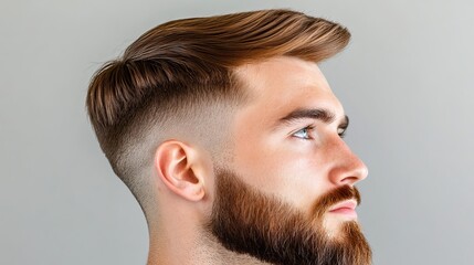 Fototapeta premium Profile of a Caucasian man with a stylish haircut featuring a well-groomed beard, showcasing a modern fade hairstyle against a neutral background.