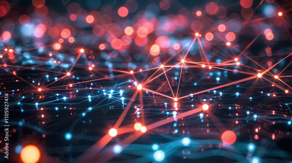 Poster a vibrant, abstract representation of interconnected nodes and lines, showcasing a digital network w