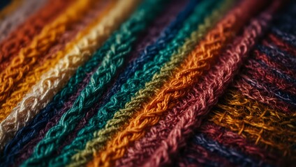 Obraz premium Detailed view of a colorful knitting project in soft light.