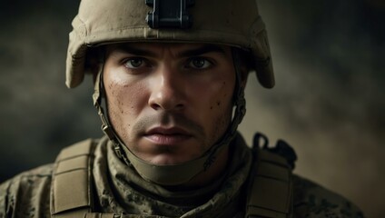 Obraz premium Determined soldier in tactical gear, intense stare.