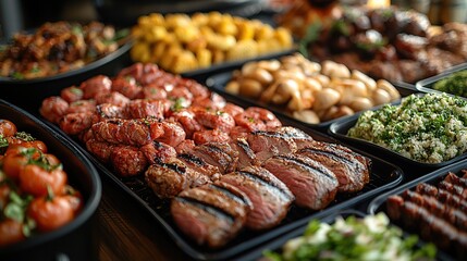 Obraz premium Close-up of a catering platter with grilled meats, sausages, roasted vegetables, and salads.
