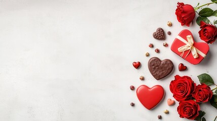 Romantic arrangement of roses and heart-shaped treats.