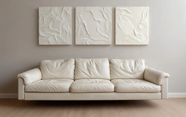 A sleek and elegant cream-colored leather sofa set against a plain white wall, with three beige abstract paintings mounted above. 