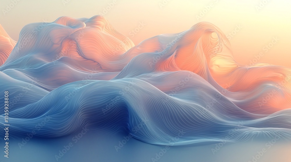 Poster serene blue and gray gradient waves floating in soft misty atmosphere
