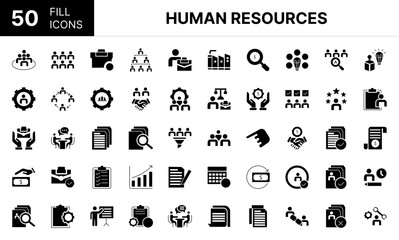 Collection of 50 Human Resources fill icons featuring editable strokes. These outline icons depict various modes of Human Resources, Activity, approval, approved, associate, be of use,