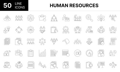 Collection of 50 Human Resources line icons featuring editable strokes. These outline icons depict various modes of Human Resources, Activity, approval, approved, associate, be of use,