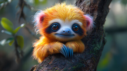 Fototapeta premium A whimsical creature with bright orange fur and large eyes perched on a tree branch.