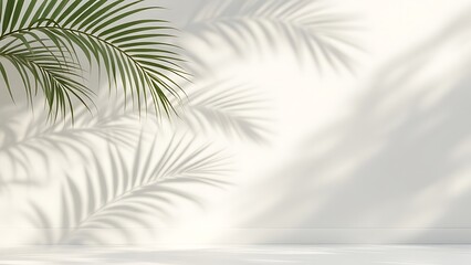 Blurred shadow from palm leaves on light cream wall. Minimalistic beautiful summer spring background for product presentation.