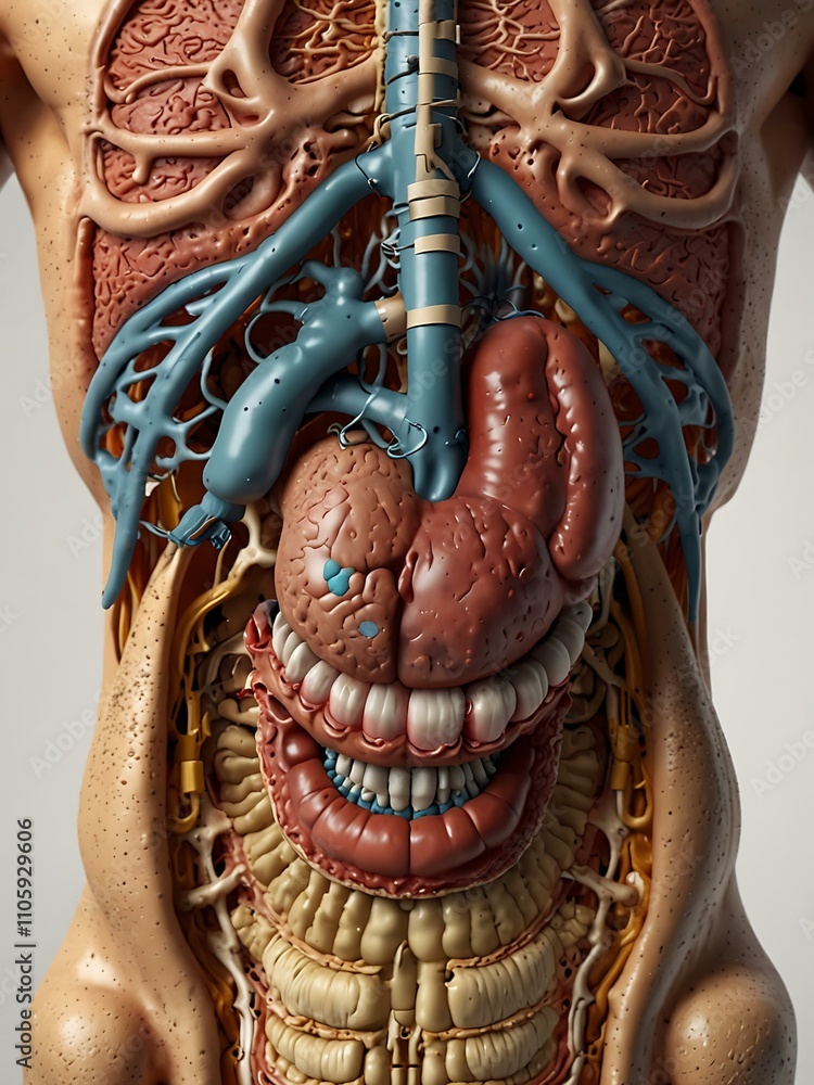 Poster digestive system with organs in anterior view.