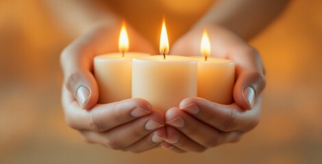 Hands Holding Three Lit Candles in a Soft Glowing Light