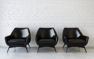 Three black leather armchairs arranged in an H shape against a white brick wall background. 