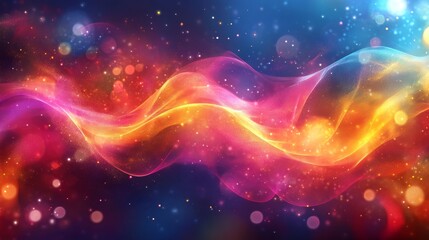 Abstract colorful wave with glowing particles and bokeh lights.
