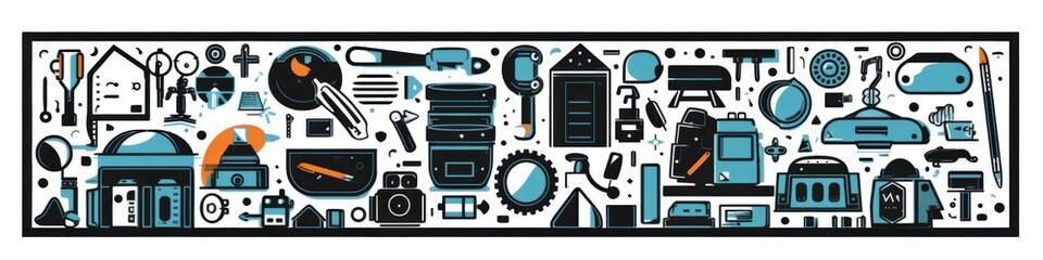 A vibrant collection of various tools and equipment, featuring illustrations in teal and black hues.