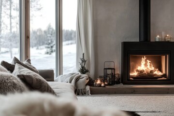 Fototapeta premium Cozy Winter Living Room Fireplace Scene With Snowy View