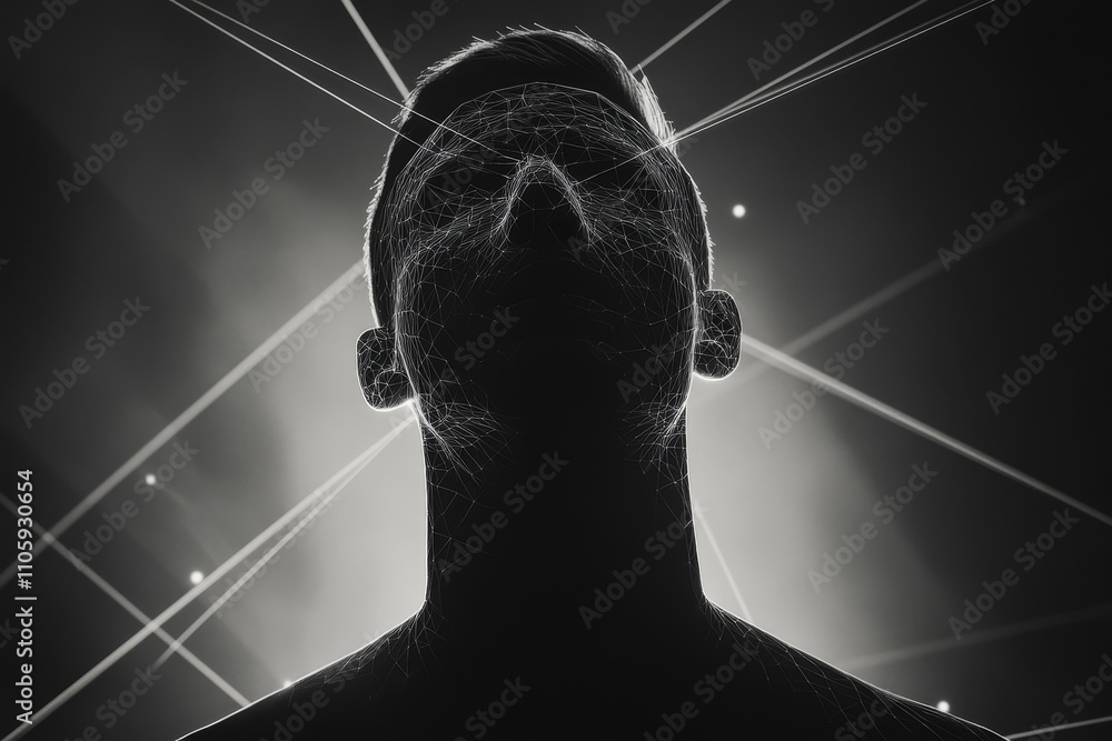 Poster silhouette of a person against a dark background with futuristic lines and light rays representing c