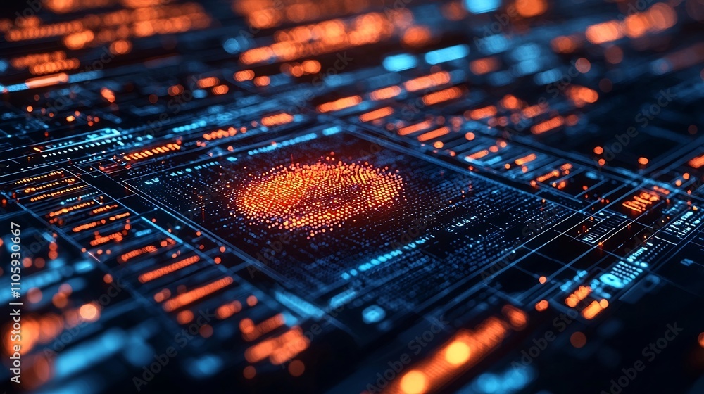 Poster digital fingerprint hologram hovering over financial data visualization symbolizing biometric securi