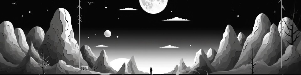 Fototapeta premium A lone figure stands amidst a serene, monochromatic mountain landscape under a full moon.