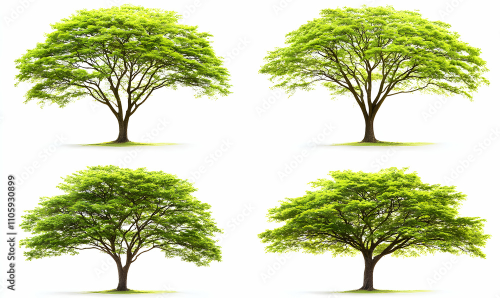 Poster four lush green trees isolated on white background, perfect for design projects needing natural elem