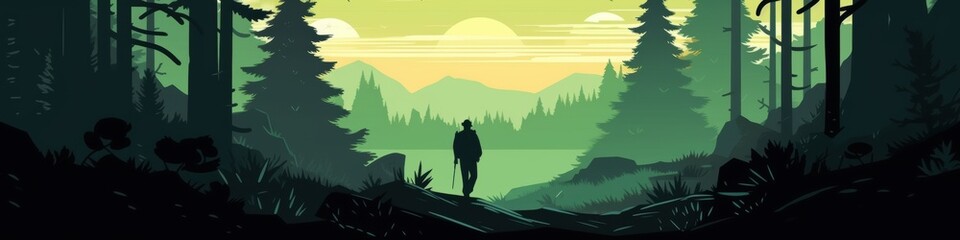 A silhouette of a hiker in a serene green forest at sunrise, surrounded by tall trees and a tranquil lake.