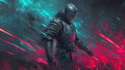 Fototapeta premium Futuristic Knight in Armor with Vibrant Energy Effects in Background